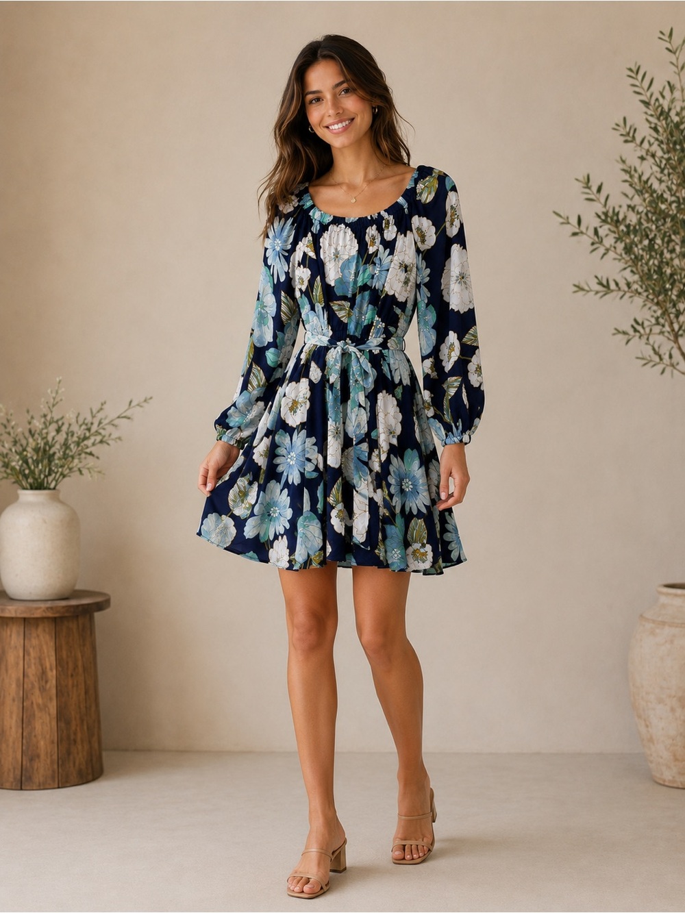 LOFT Navy Floral Belted Long-Sleeve Dress